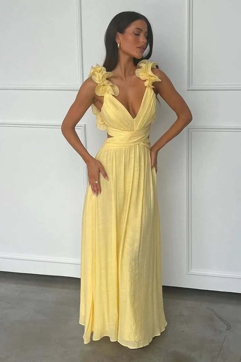 Olivia | Dames Mouwloze Geplooide A-Lijn Avondjurk Bloem Appliqué