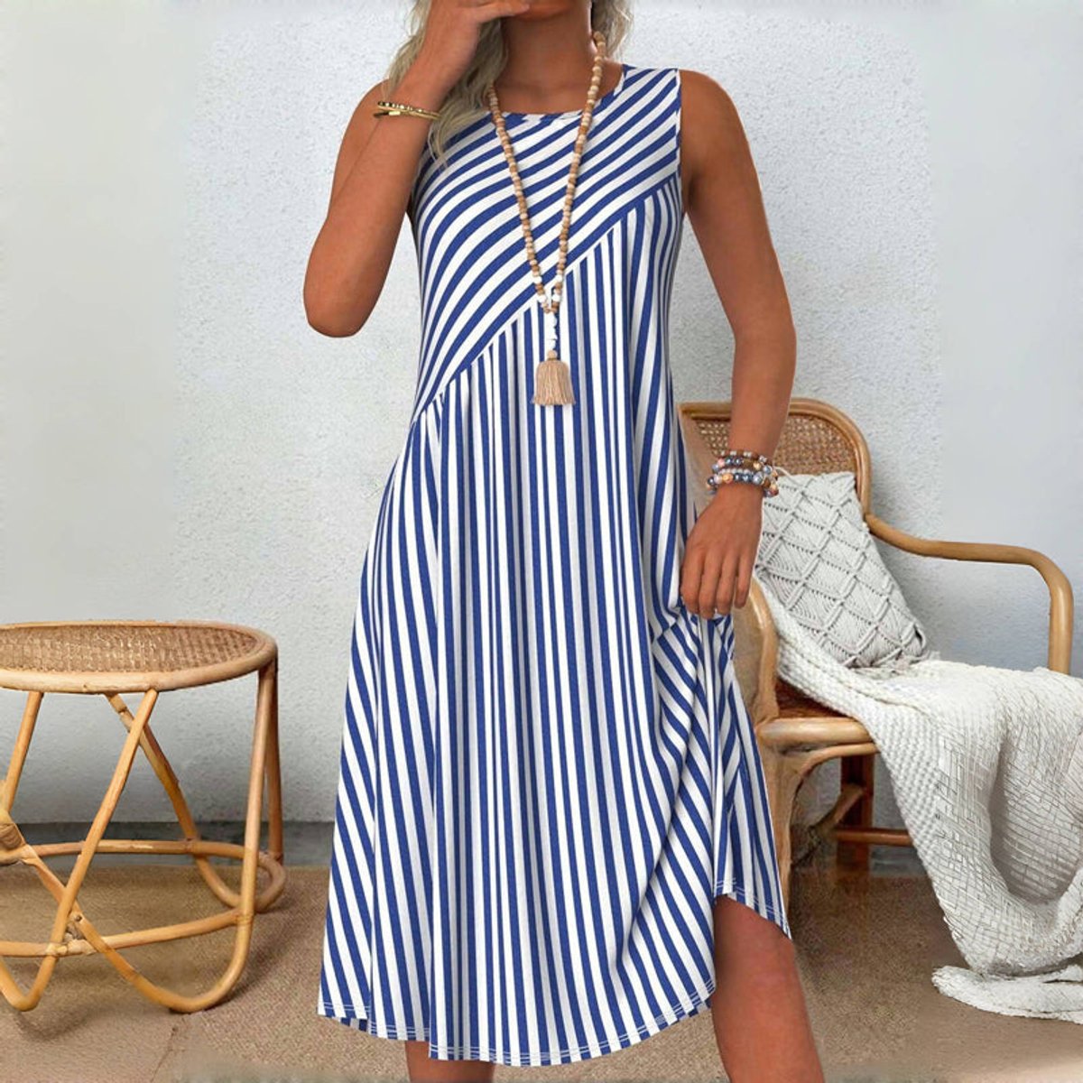 Sophie | Dames Mouwloze Gestreepte Zomerjurk Casual Midi