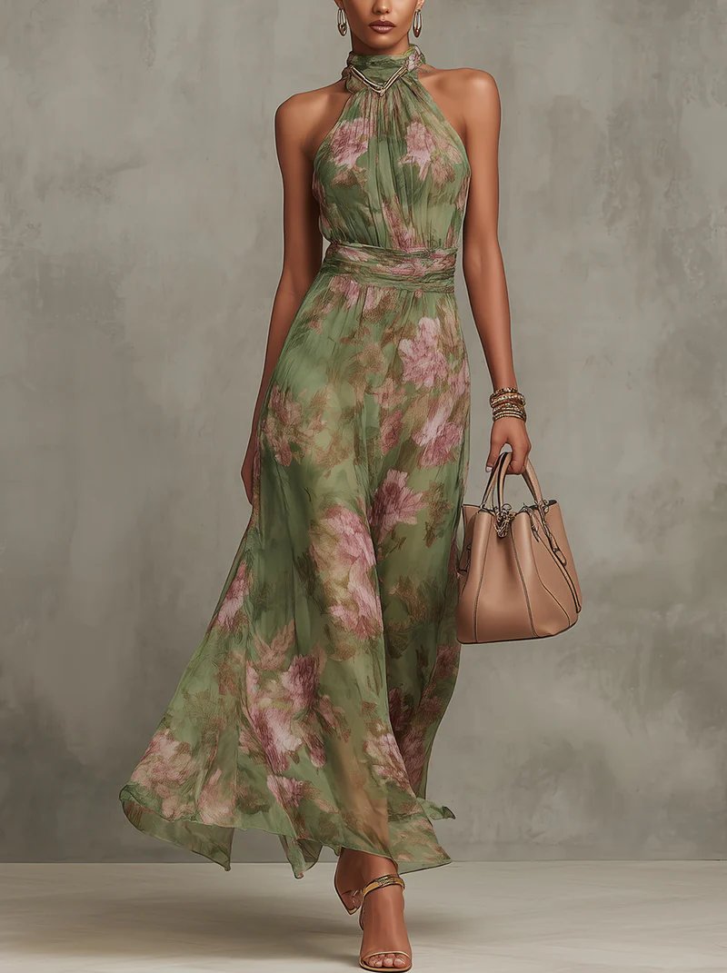Eva | Dames Mouwloze Halter Maxi Jurk met Bloemenprint
