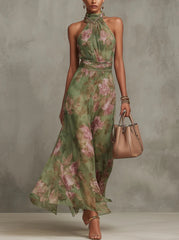 Eva | Dames Mouwloze Halter Maxi Jurk met Bloemenprint