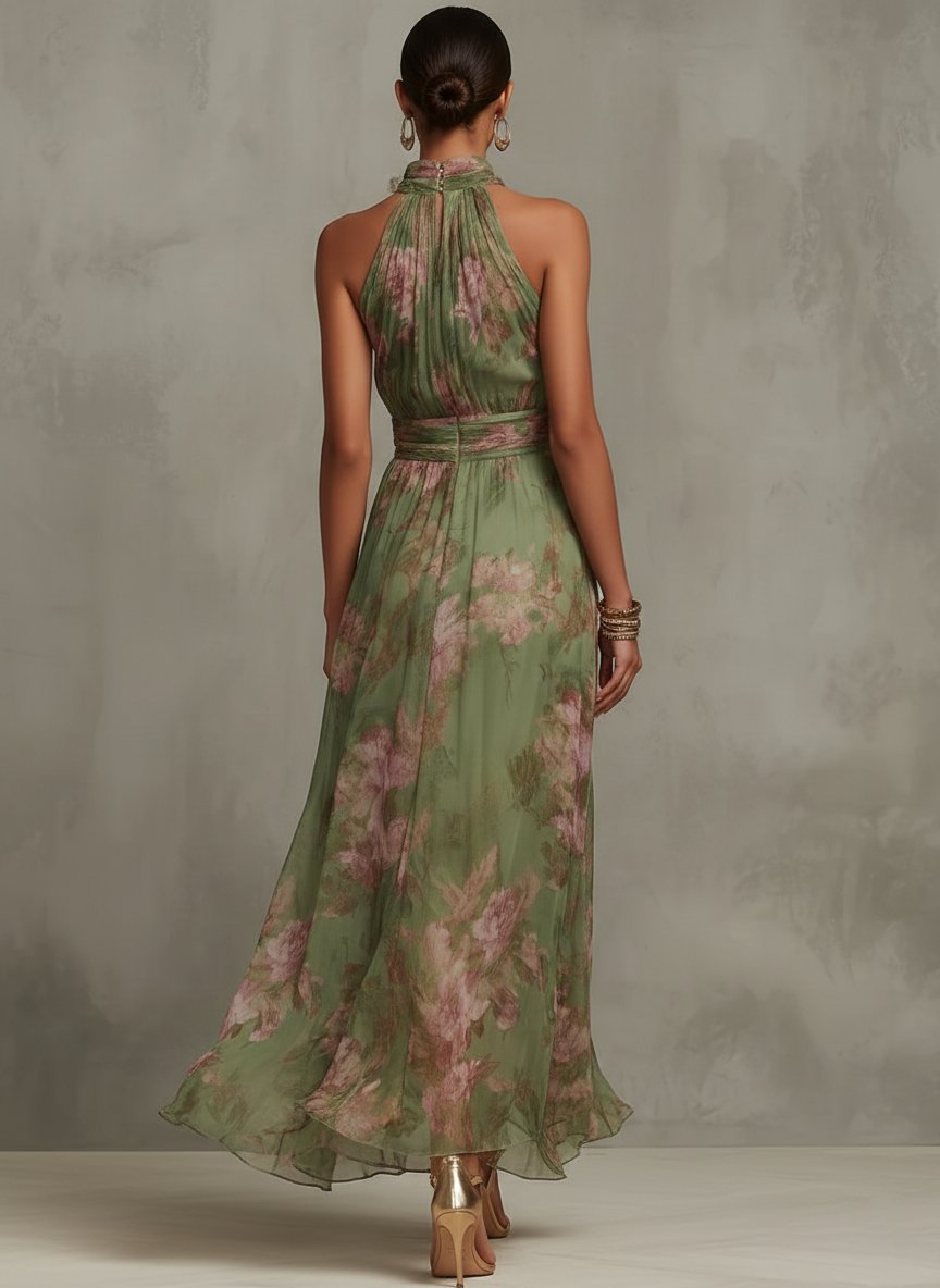 Eva | Dames Mouwloze Halter Maxi Jurk met Bloemenprint