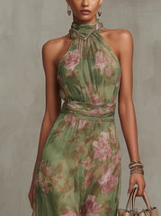 Eva | Dames Mouwloze Halter Maxi Jurk met Bloemenprint