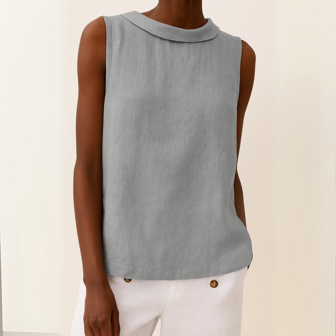 Yara | Dames Mouwloze Linen Blouse met Opstaande Kraag