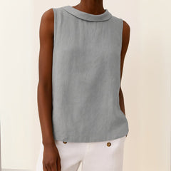 Yara | Dames Mouwloze Linen Blouse met Opstaande Kraag