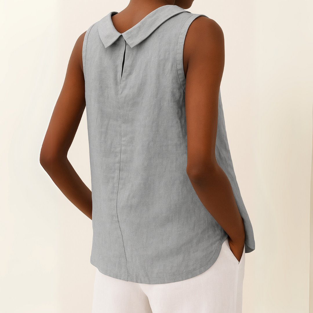 Yara | Dames Mouwloze Linen Blouse met Opstaande Kraag