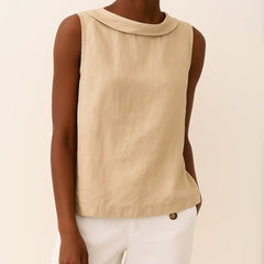 Yara | Dames Mouwloze Linen Blouse met Opstaande Kraag