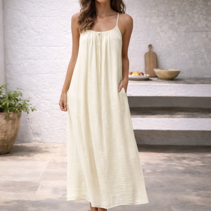Julia | Dames Mouwloze Linnen Maxi Jurk Spaghettiband Zomerjurk