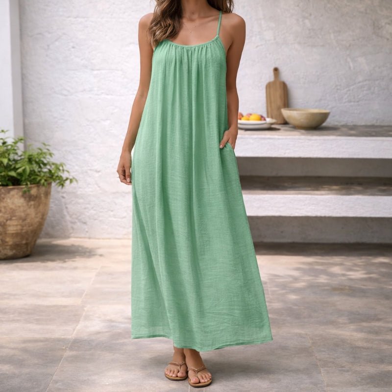 Julia | Dames Mouwloze Linnen Maxi Jurk Spaghettiband Zomerjurk