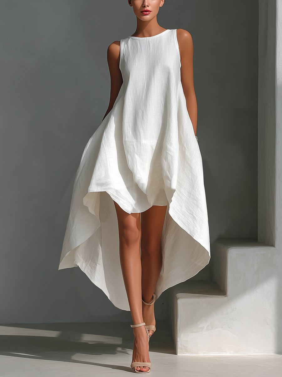 Lisa | Dames Mouwloze Linnen Midi-jurk Asymmetrische Zoom Relaxed Fit