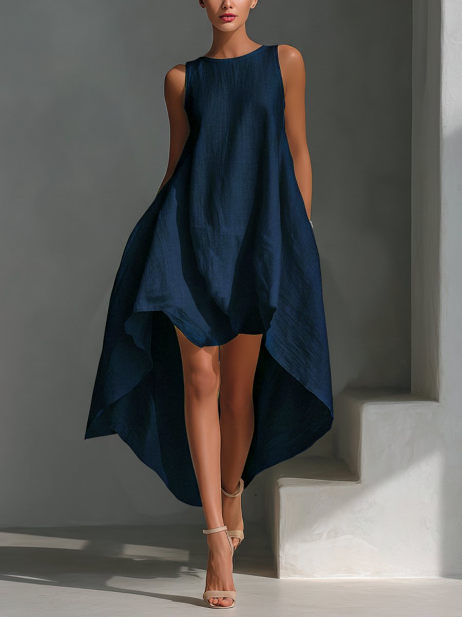 Lisa | Dames Mouwloze Linnen Midi-jurk Asymmetrische Zoom Relaxed Fit