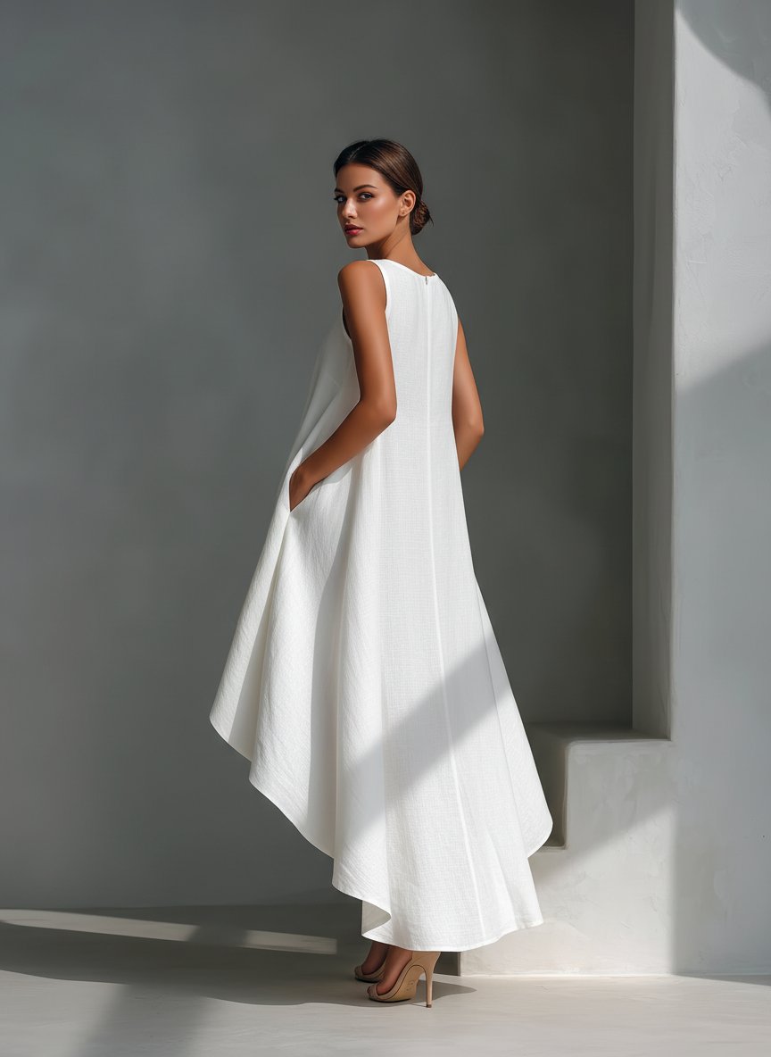 Lisa | Dames Mouwloze Linnen Midi-jurk Asymmetrische Zoom Relaxed Fit