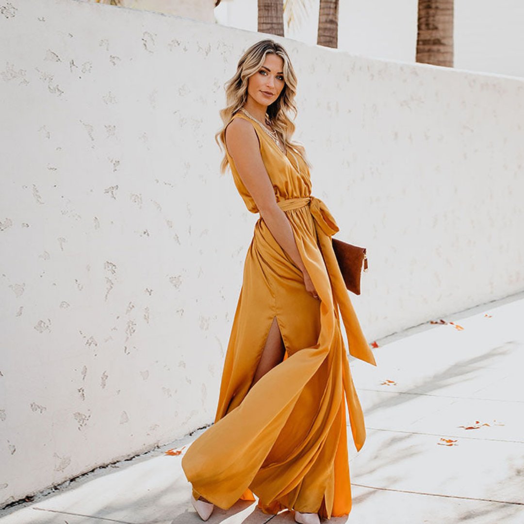 Olivia | Dames Mouwloze Maxi Jurk met Taillelint en Zijsplit