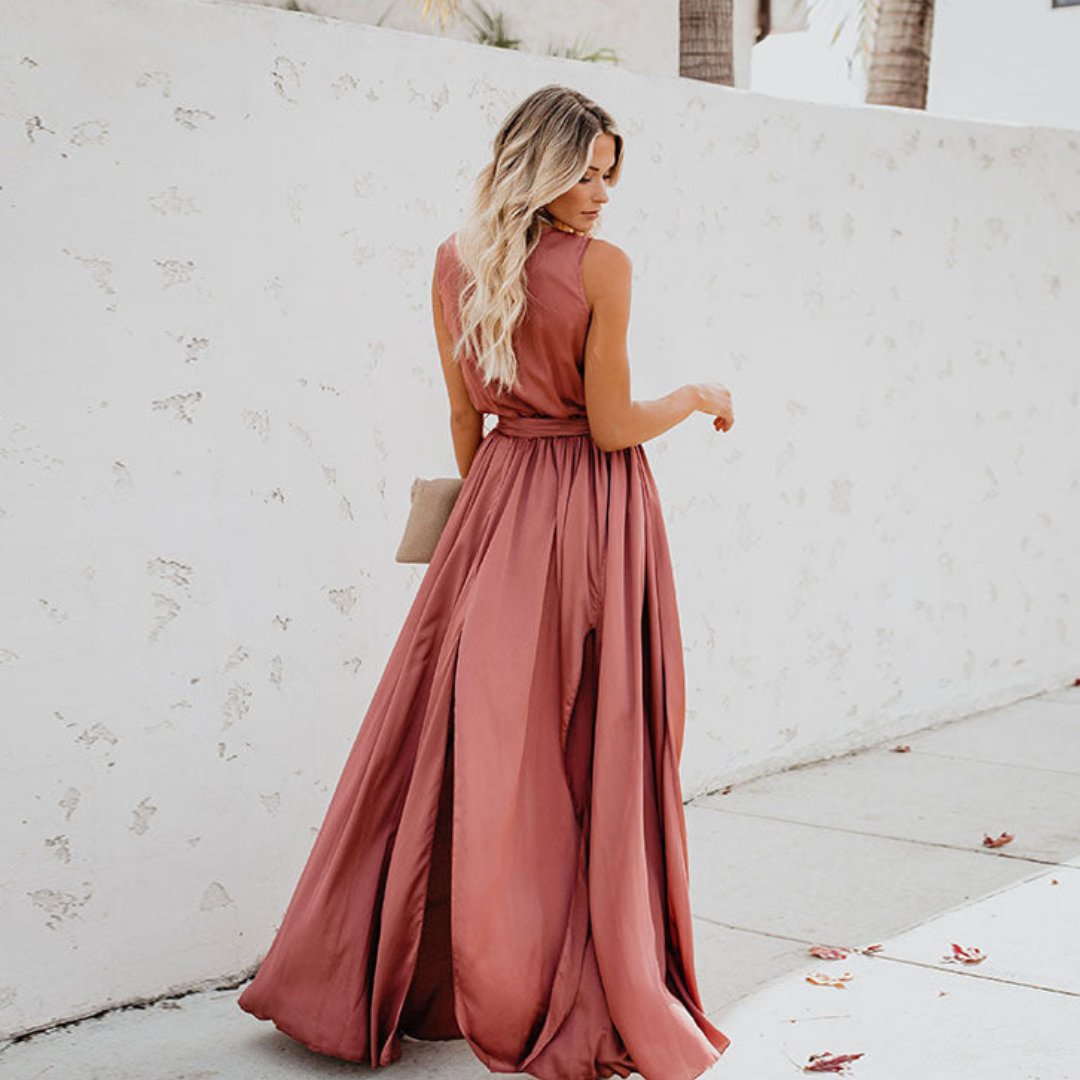 Olivia | Dames Mouwloze Maxi Jurk met Taillelint en Zijsplit