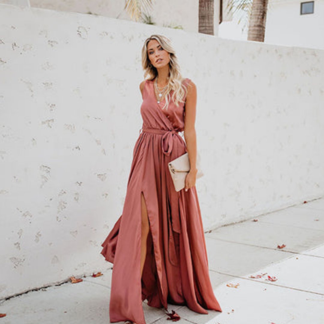 Olivia | Dames Mouwloze Maxi Jurk met Taillelint en Zijsplit