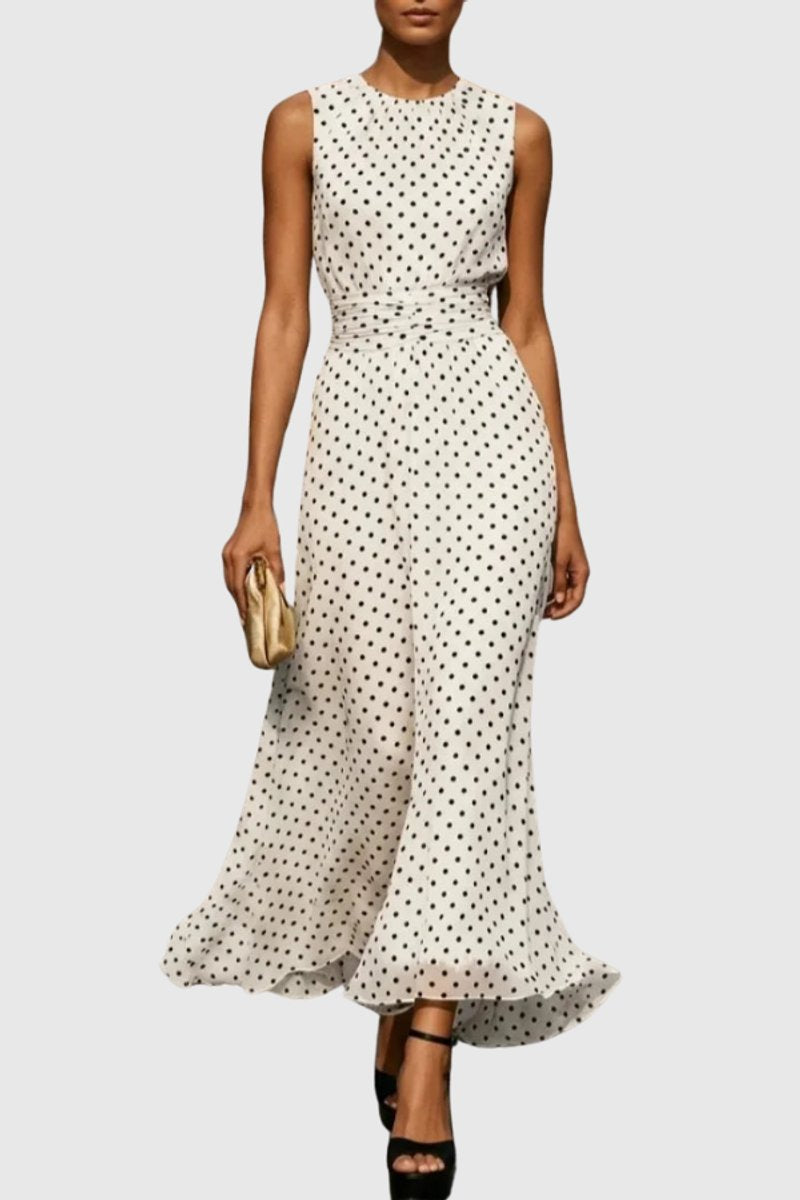 Roos | Dames Mouwloze Polkadot Maxi Evening Gown Ruche Zoom