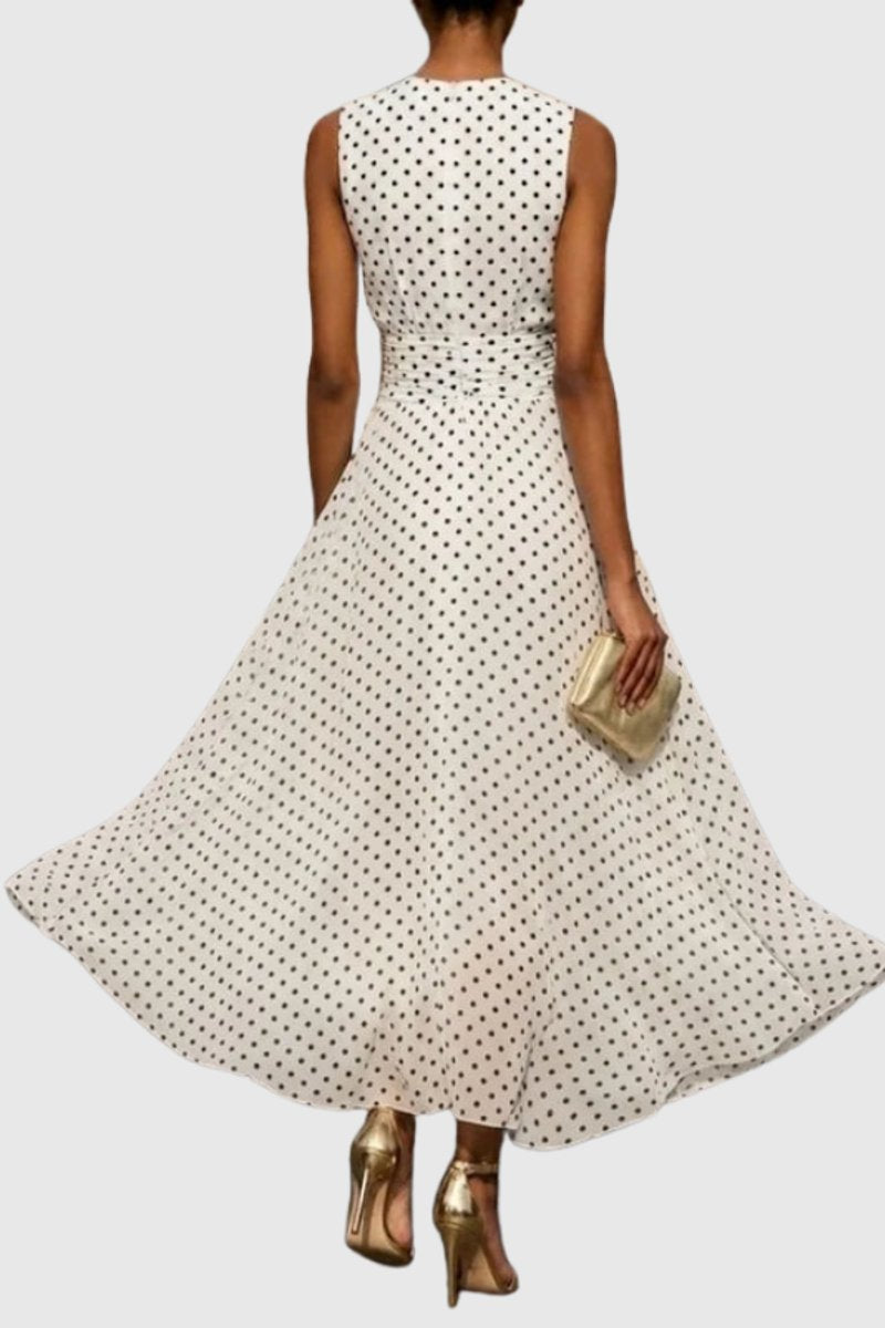 Roos | Dames Mouwloze Polkadot Maxi Evening Gown Ruche Zoom