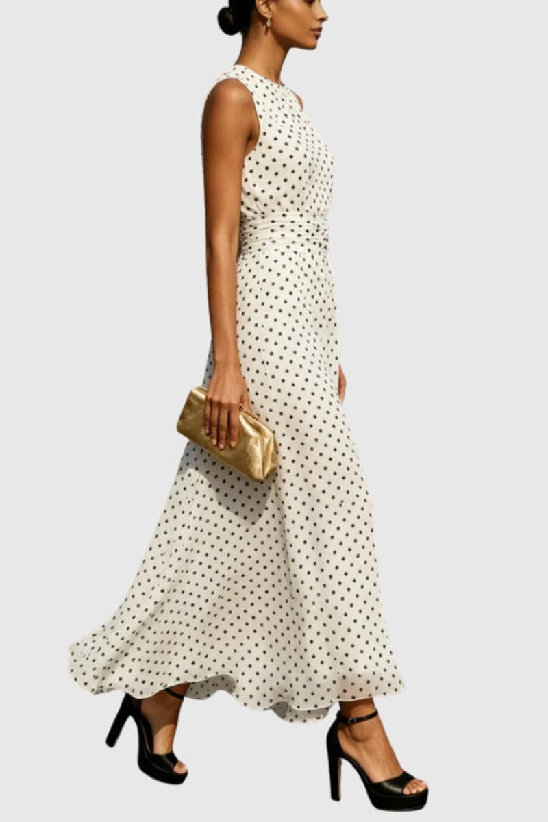 Roos | Dames Mouwloze Polkadot Maxi Evening Gown Ruche Zoom