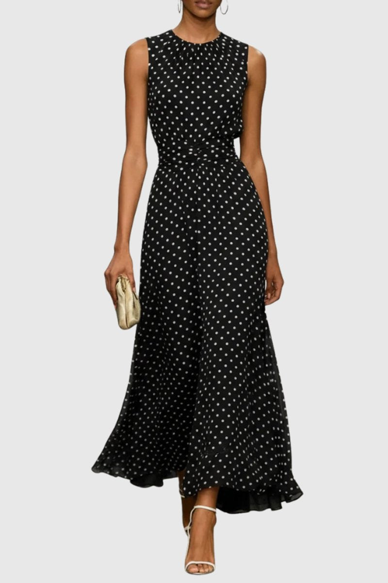 Roos | Dames Mouwloze Polkadot Maxi Evening Gown Ruche Zoom