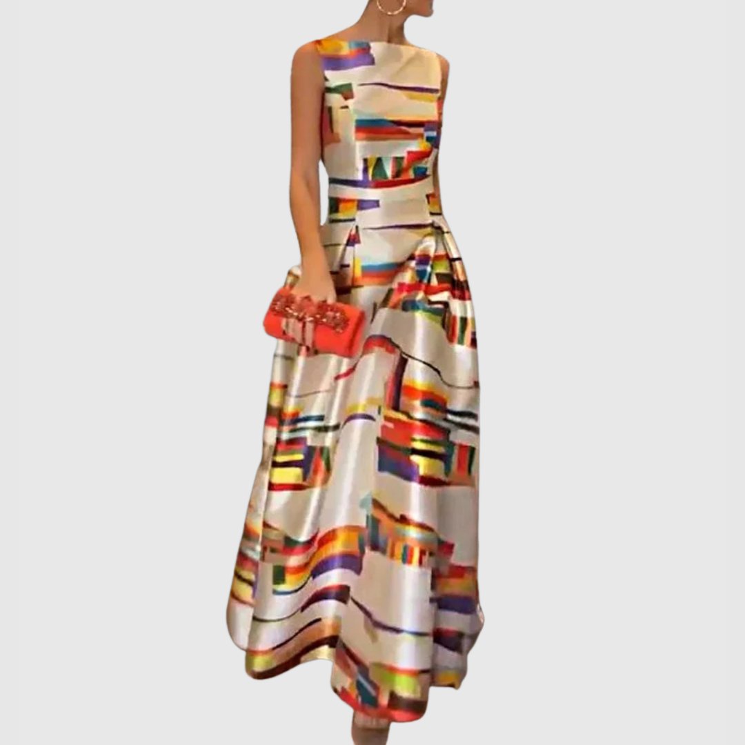 Tessa | Dames Mouwloze Satijnen Abstracte Colorblock Maxi Jurk
