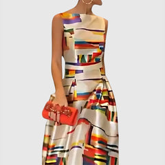 Tessa | Dames Mouwloze Satijnen Abstracte Colorblock Maxi Jurk