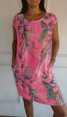 Sara | Dames Mouwloze Shift Jurk met Tropische Bladprint