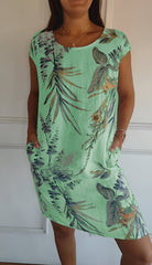 Sara | Dames Mouwloze Shift Jurk met Tropische Bladprint