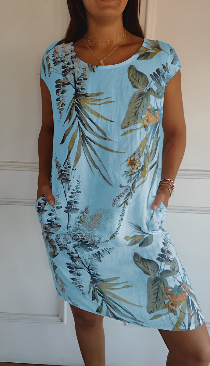 Sara | Dames Mouwloze Shift Jurk met Tropische Bladprint