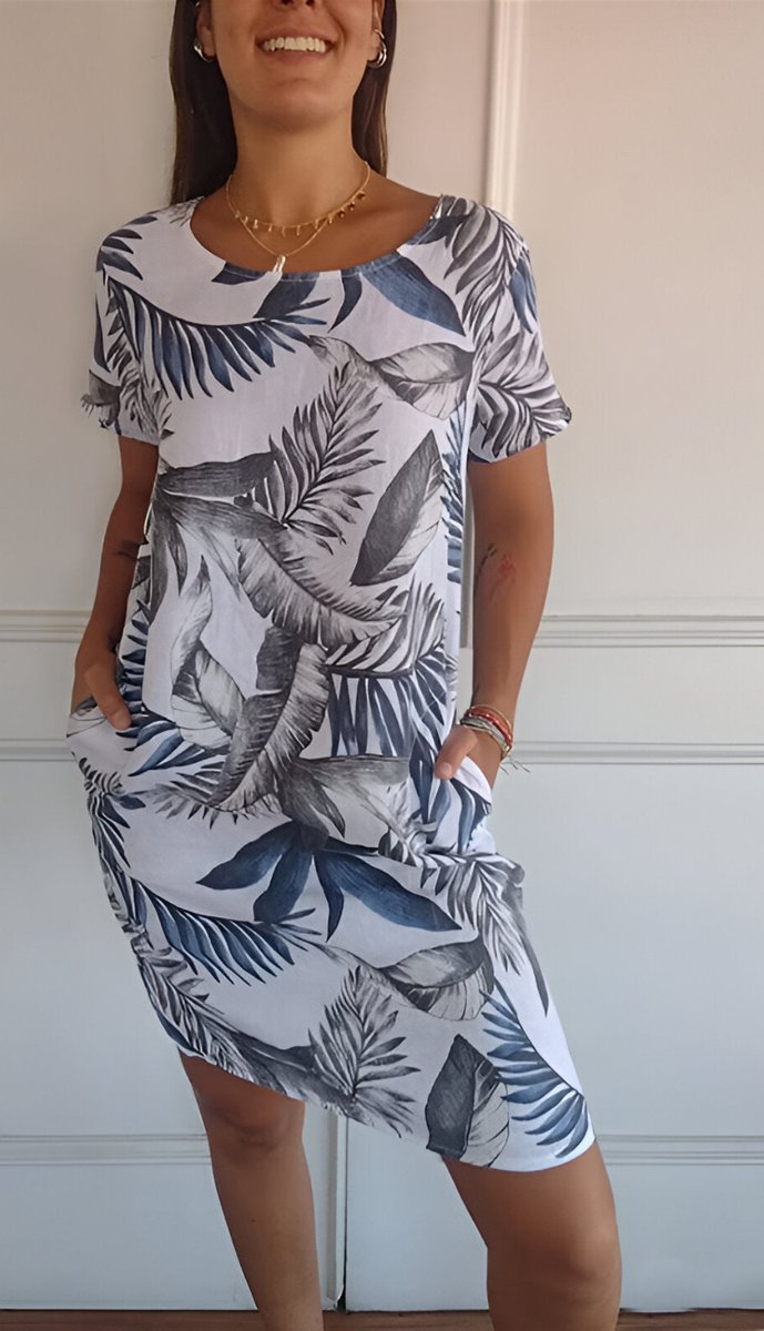 Sara | Dames Mouwloze Shift Jurk met Tropische Bladprint