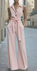 Lisa | Dames Mouwloze Wijdpijp Jumpsuit Strikceintuur
