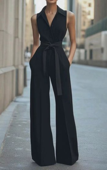 Lisa | Dames Mouwloze Wijdpijp Jumpsuit Strikceintuur