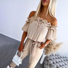 Lotte | Dames Off-Shoulder Ruche Strikceintuur Jumpsuit