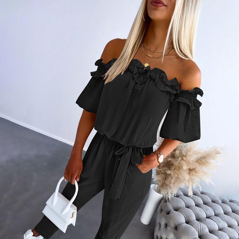 Lotte | Dames Off-Shoulder Ruche Strikceintuur Jumpsuit