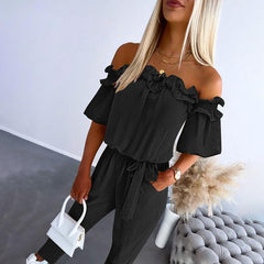 Lotte | Dames Off-Shoulder Ruche Strikceintuur Jumpsuit