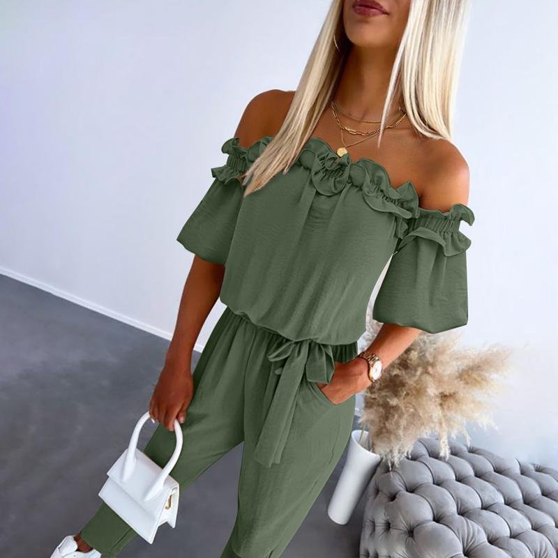Lotte | Dames Off-Shoulder Ruche Strikceintuur Jumpsuit
