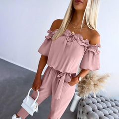Lotte | Dames Off-Shoulder Ruche Strikceintuur Jumpsuit
