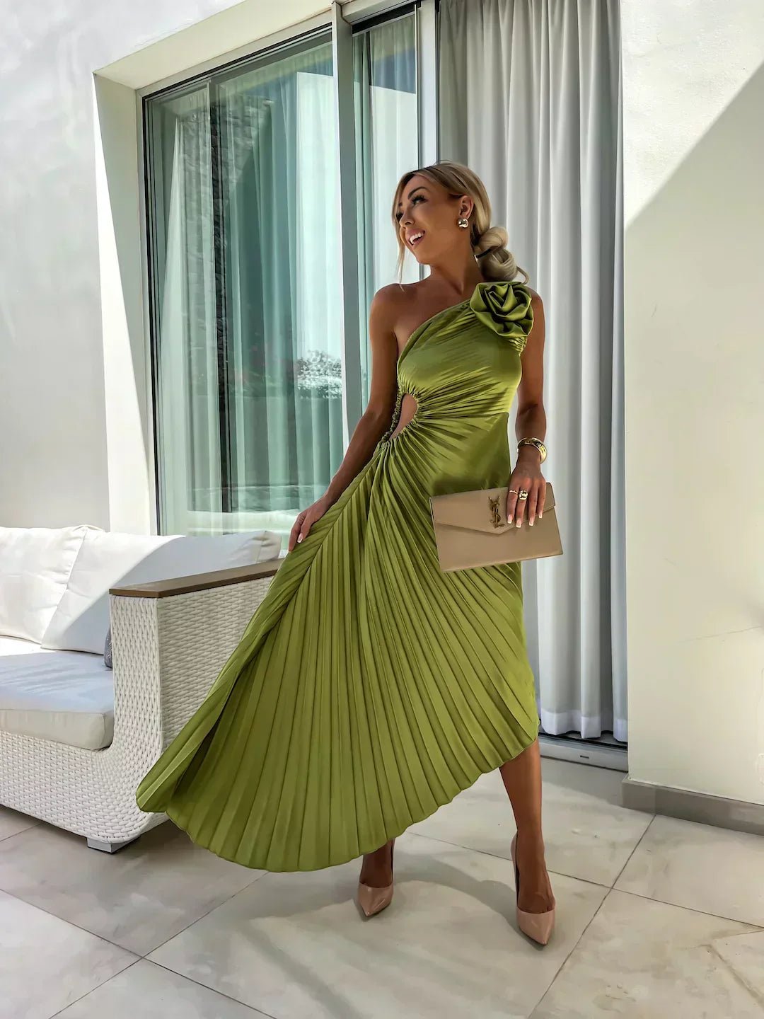 Elin | Dames One-Shoulder Geplisseerde Maxi Jurk