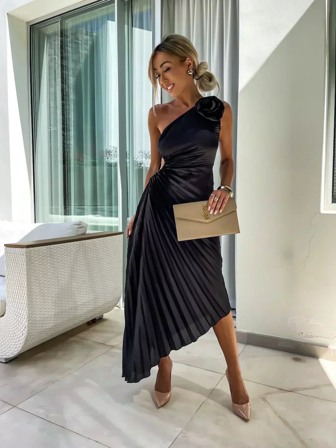 Elin | Dames One-Shoulder Geplisseerde Maxi Jurk