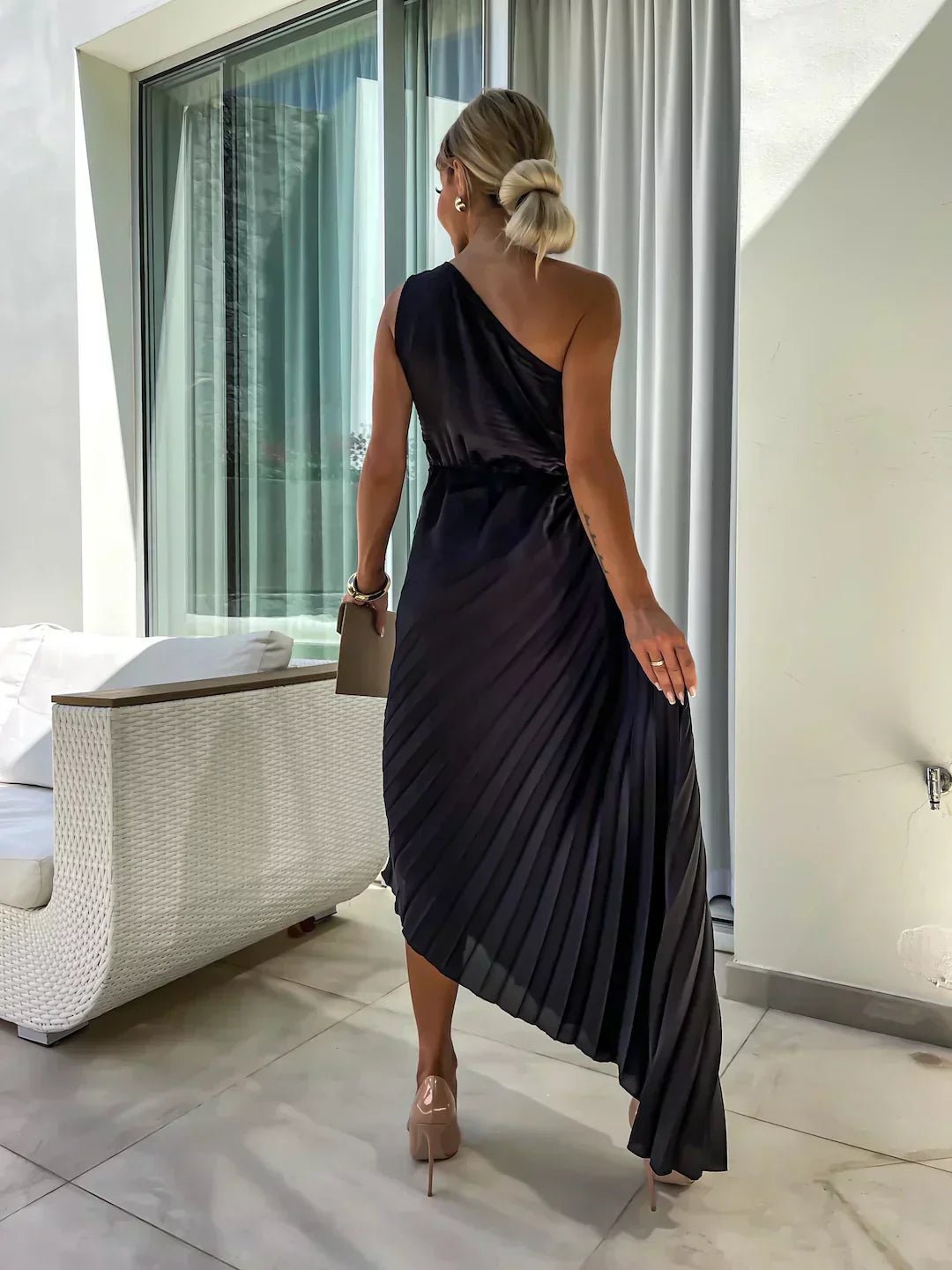 Elin | Dames One-Shoulder Geplisseerde Maxi Jurk