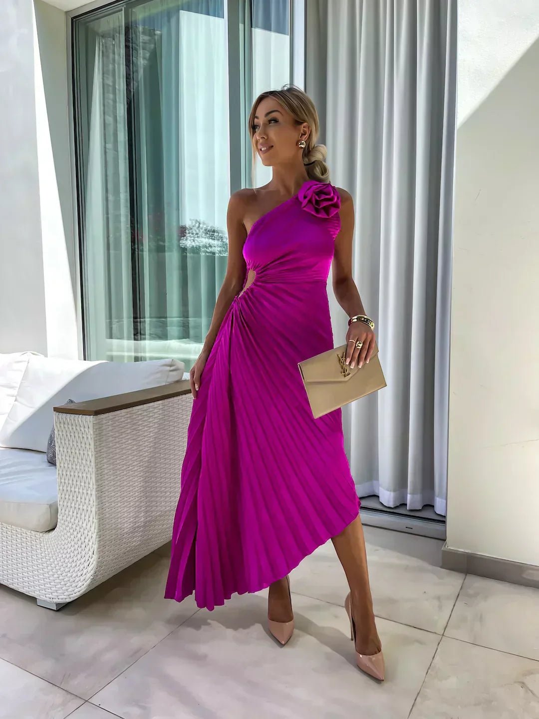 Elin | Dames One-Shoulder Geplisseerde Maxi Jurk