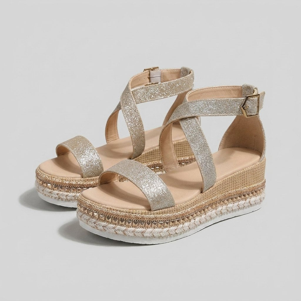 Anna | Dames Open-Teen Metallic Plateausandalen Verstelbare Enkelband