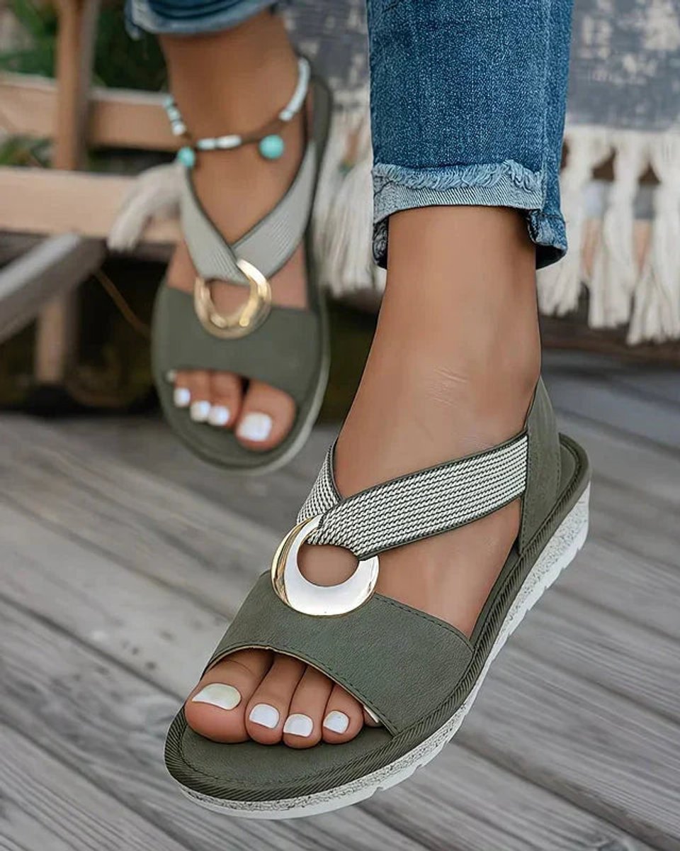 Tessa | Dames Orthopedische Platte Sandalen Elastische Bandjes Gouden Gesp