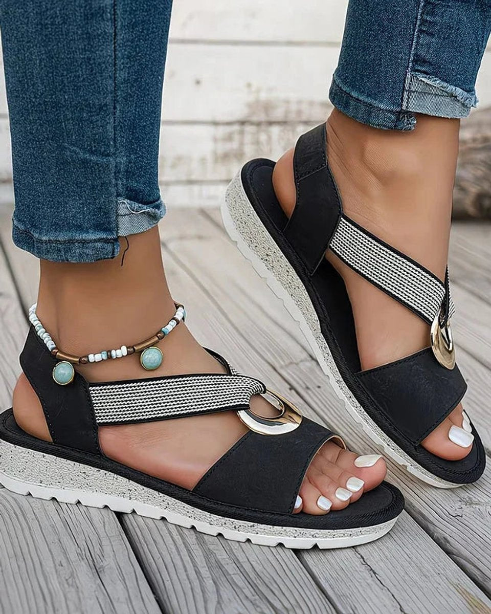 Tessa | Dames Orthopedische Platte Sandalen Elastische Bandjes Gouden Gesp