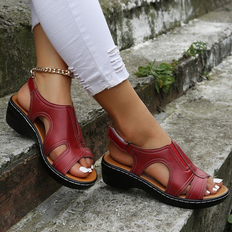 Roos | Dames Orthopedische PU-Leren Sleehak Sandalen Brede Pasvorm