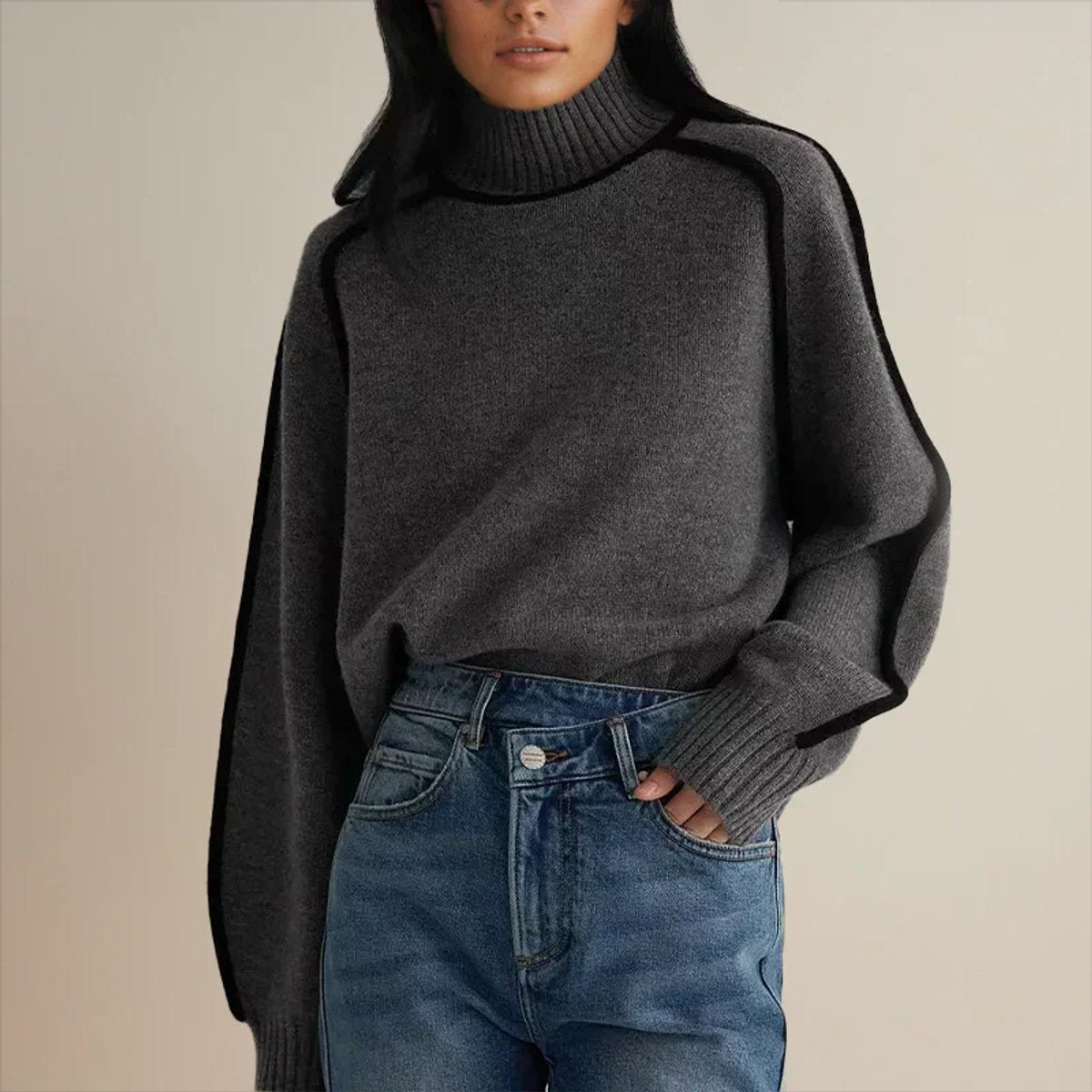 Lisa | Dames Oversized Coltrui Tweekleurige Gebreide Raglan Sweater