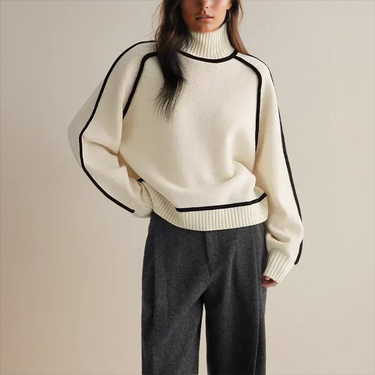 Lisa | Dames Oversized Coltrui Tweekleurige Gebreide Raglan Sweater