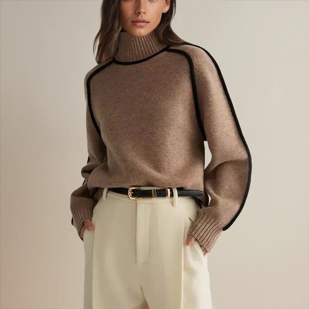 Lisa | Dames Oversized Coltrui Tweekleurige Gebreide Raglan Sweater
