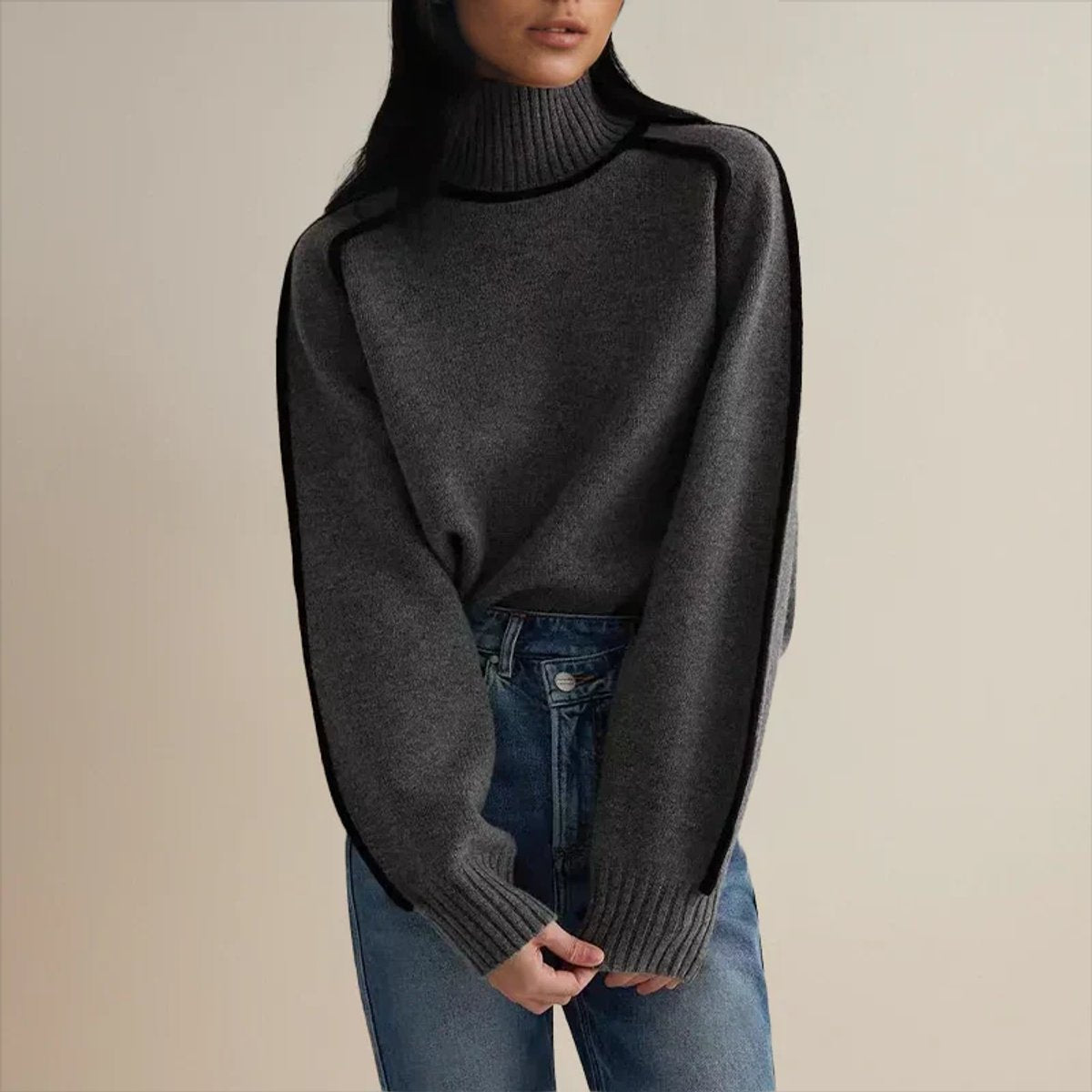 Lisa | Dames Oversized Coltrui Tweekleurige Gebreide Raglan Sweater