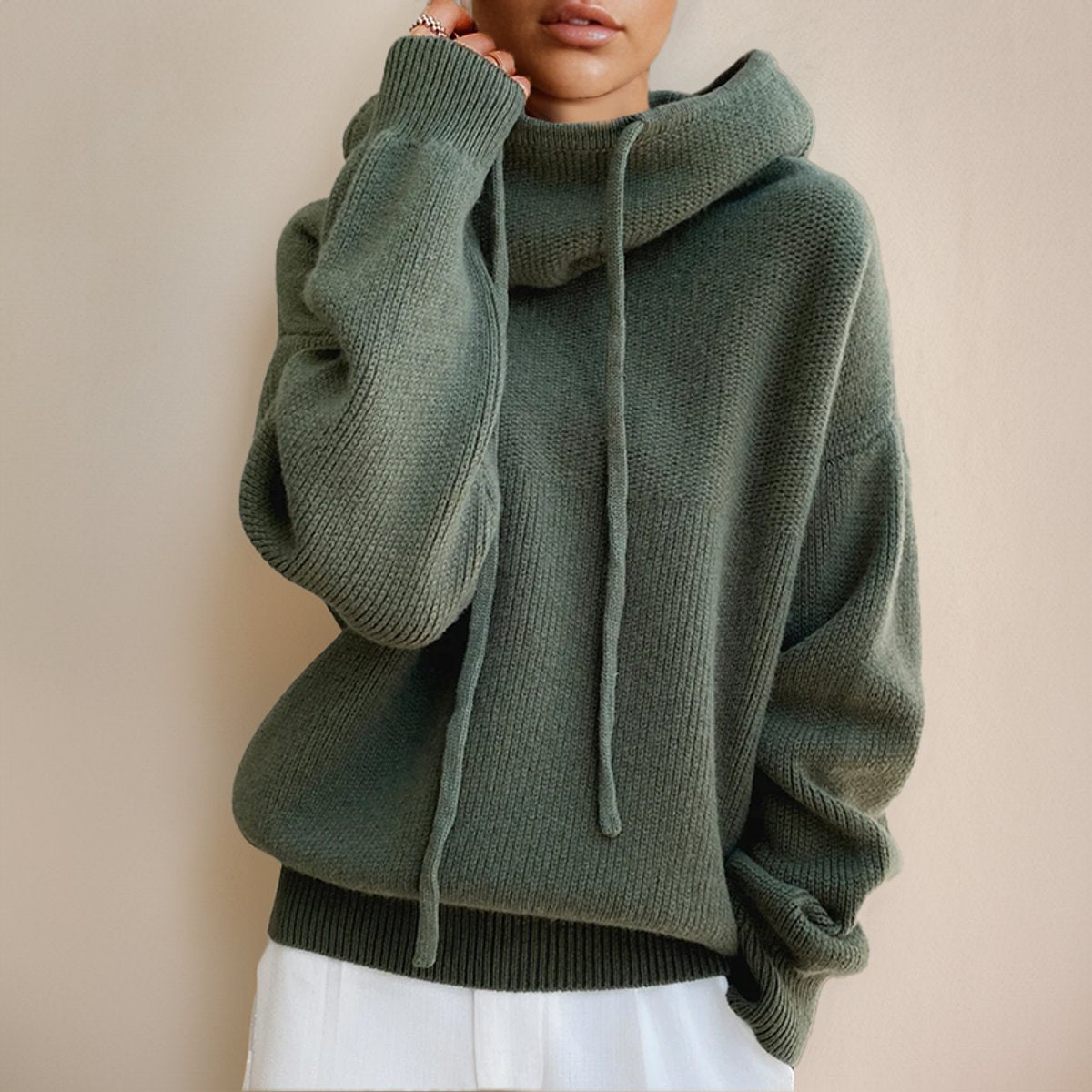 Elin | Dames Oversized Gebreide Hoodie Turtleneck Sweater met Trekkoord