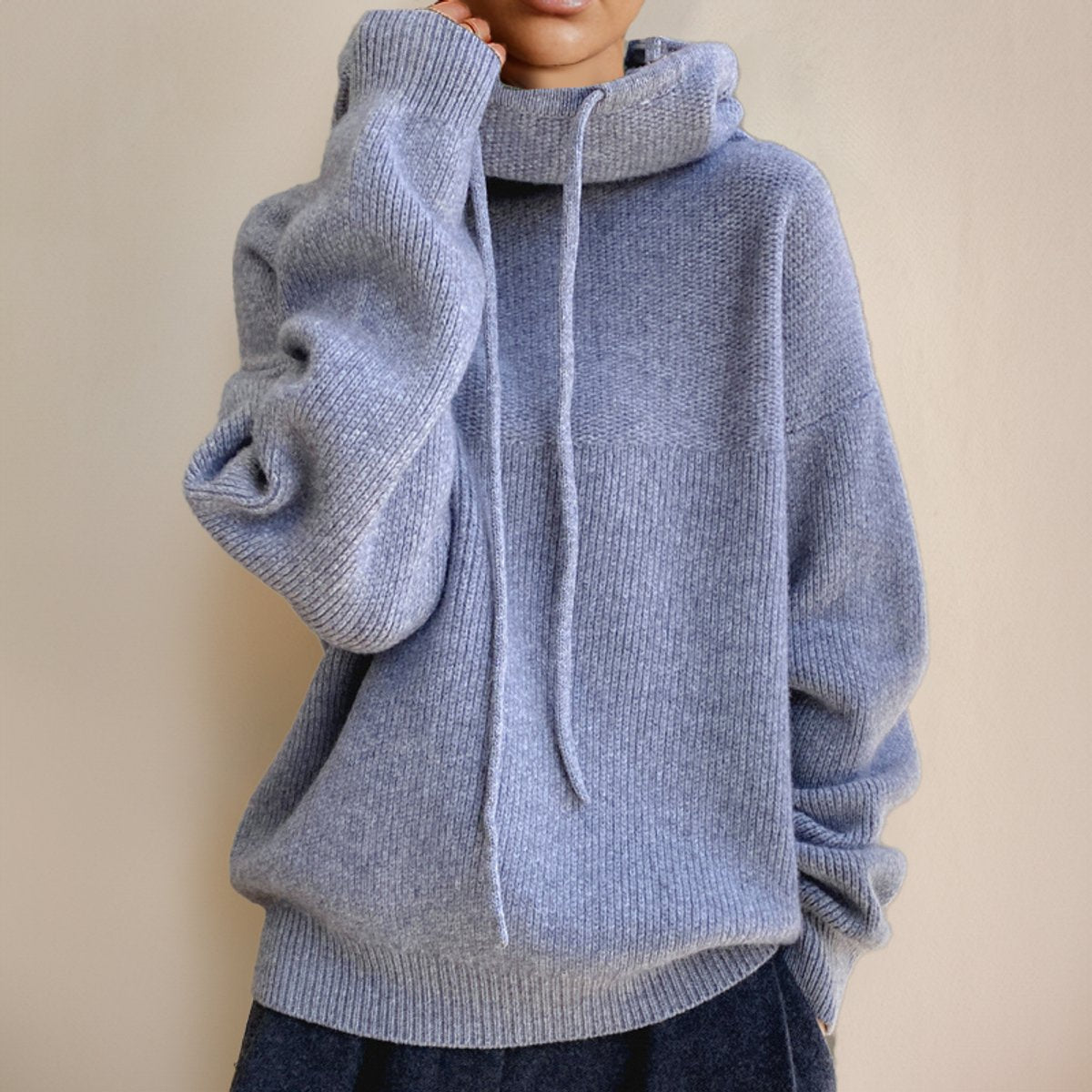 Elin | Dames Oversized Gebreide Hoodie Turtleneck Sweater met Trekkoord