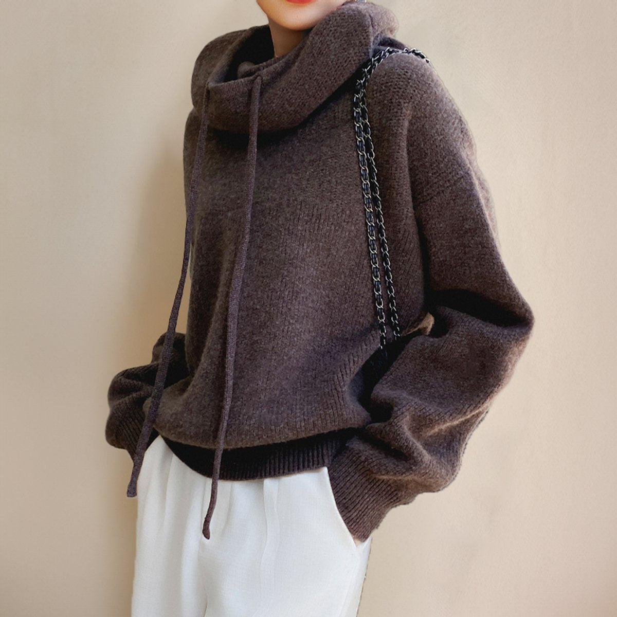 Elin | Dames Oversized Gebreide Hoodie Turtleneck Sweater met Trekkoord